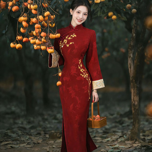 金梅报喜倒大袖新中式红色旗袍刺绣冬季连衣裙女厚礼服日常敬酒服