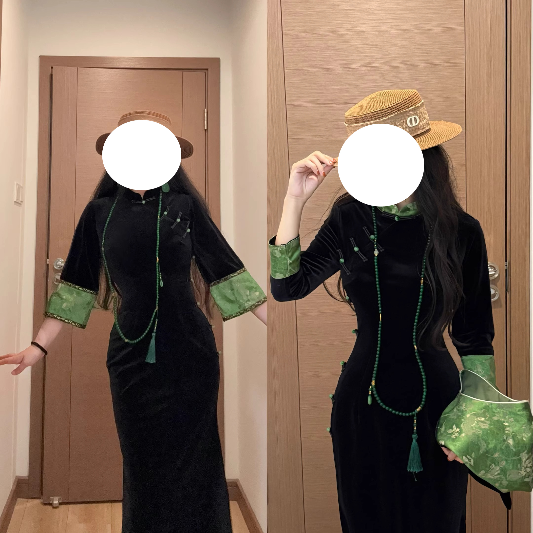 新中式贵气丝绒旗袍连衣裙蓬莱绿