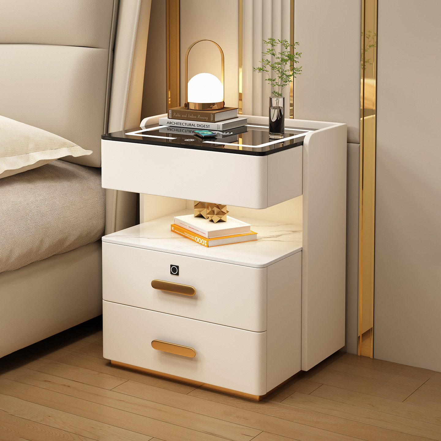 智能床头柜轻奢高级家用卧室三抽实木储物收纳多功能免安装床边柜,住宅家具,床头柜,淘宝优惠券,粉丝福利购,淘宝优惠卷
