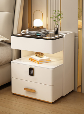 智能床头柜现代简约家用卧室三层储物带密码锁轻奢高级充电置物柜