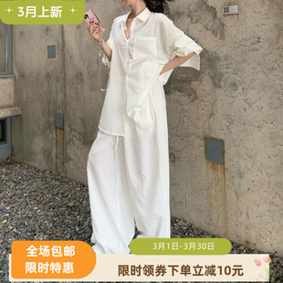 气质白色polo领衬衫上衣松弛感套装女夏季时尚休闲阔腿裤子两件套