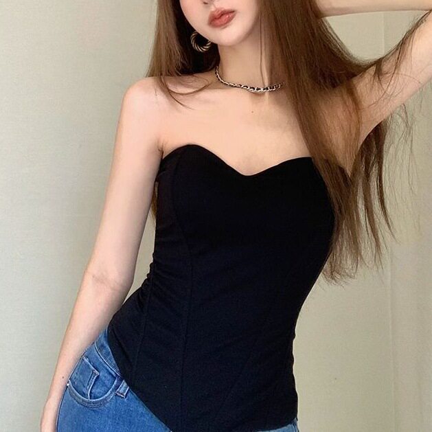 辣妹性感鱼骨抹胸背心女夏季黑色气质裹胸无肩带短款内搭上衣外穿