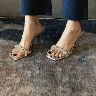 一字拖高跟68cm粗跟 拖鞋 厚底防臭镂空蕾丝凉拖透明防滑水晶鞋 女鞋