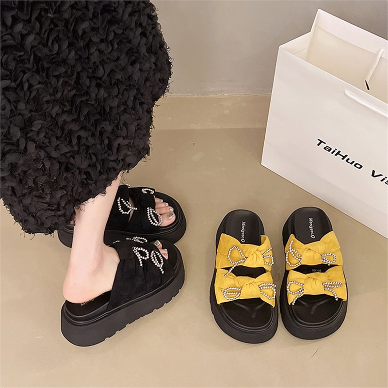 女鞋拖鞋一字拖松糕底橡胶中跟35cm绒面