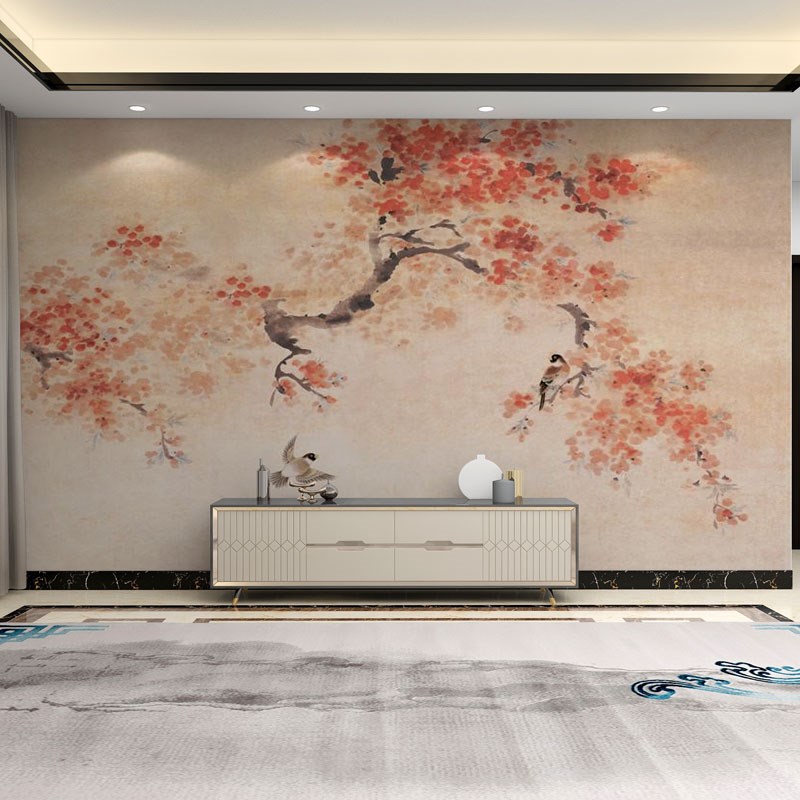 墙纸定制3d立体中式梅花电视背景墙壁纸客厅花P鸟壁布装饰墙布壁