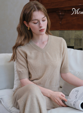 Mountlis蒙缇 100%阿尔巴斯山羊绒V领设计女半袖上衣短款针织短袖