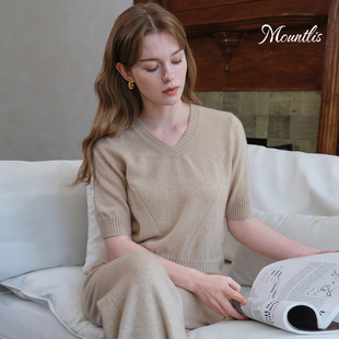 Mountlis蒙缇 100%阿尔巴斯山羊绒V领设计女半袖上衣短款针织短袖