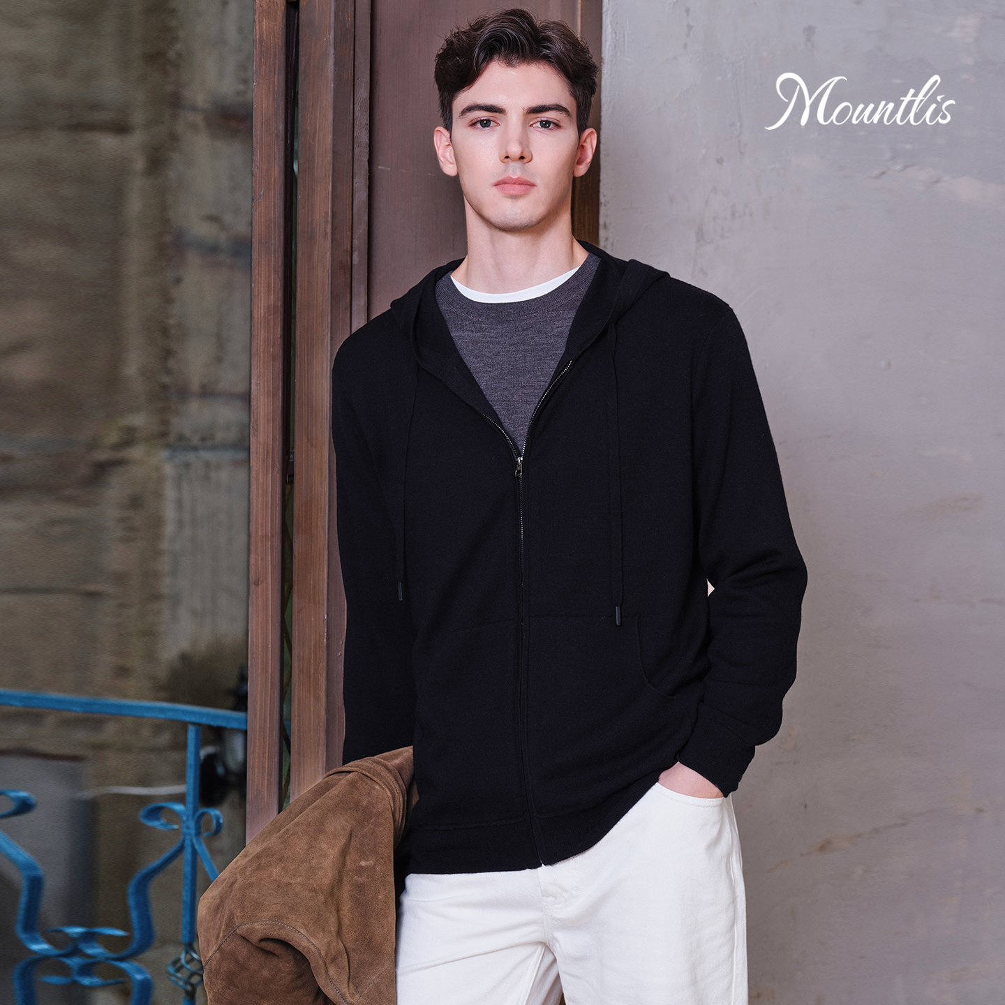 Mountlis带帽双提拉链男开衫