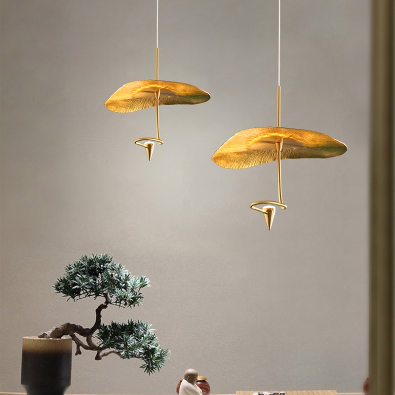 全铜荷叶吊灯现代创意吧台茶室餐厅E饭厅酒店工程后新中式禅意灯