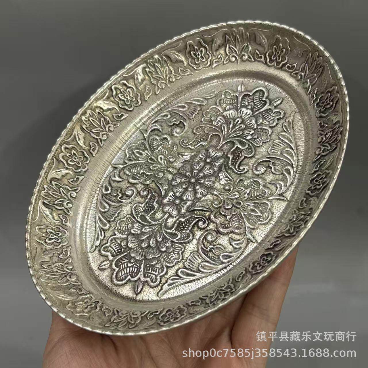 古玩铜器白铜镀银花盘收藏仿古铜盘子花开富贵复古盘子工艺品