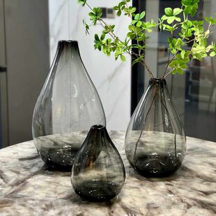 现代摆件落地吊玻璃花瓶口小透明醉样板间肚大客厅木钟马北欧简约