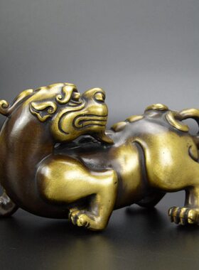 瑞兽桌面摆件工艺品摆设铜办公室复古兽皮丘回客厅黄铜头貔貅家居