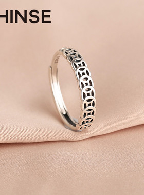 s925纯银复古戒指女q招财聚财钱币个性设计简约小众开口转运指环