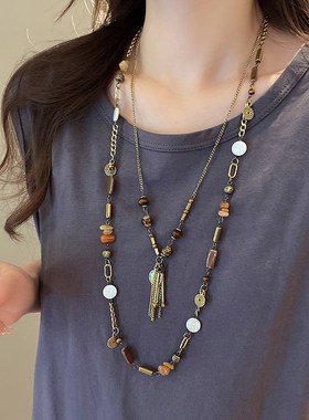 波西米亚复古钱币流苏串珠项链女新D中式民族风做旧叠戴长款毛衣