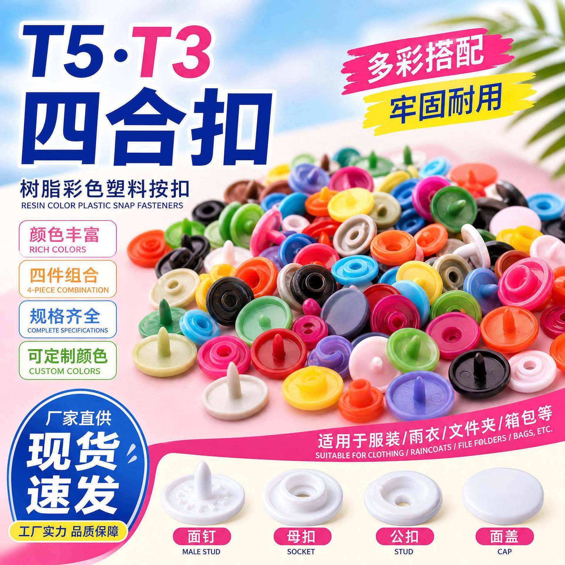 树脂彩色塑料T5T3四合扣纽扣文件夹暗扣服装辅料雨衣按扣服装纽扣