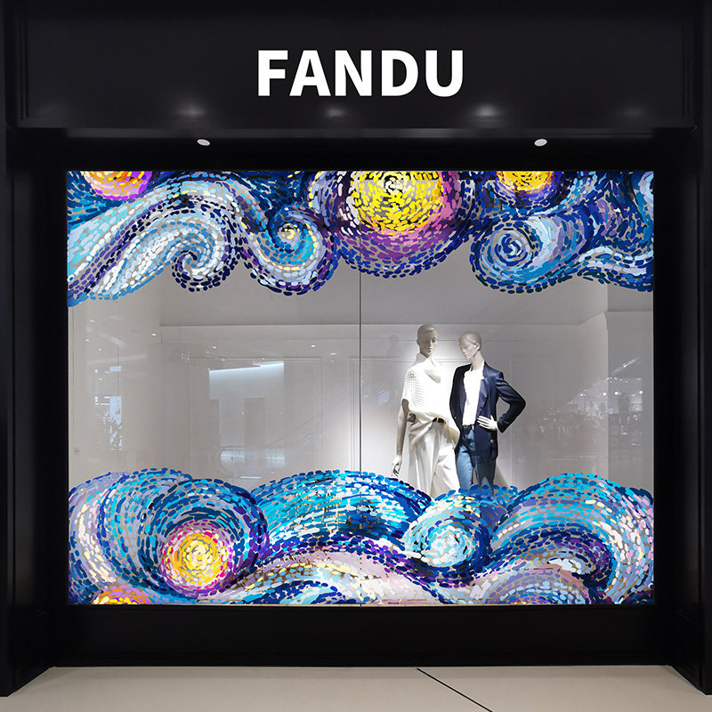 橱腰线儿童早教美术培训梵星空抽象画展布置咖啡店饭厅静电膜