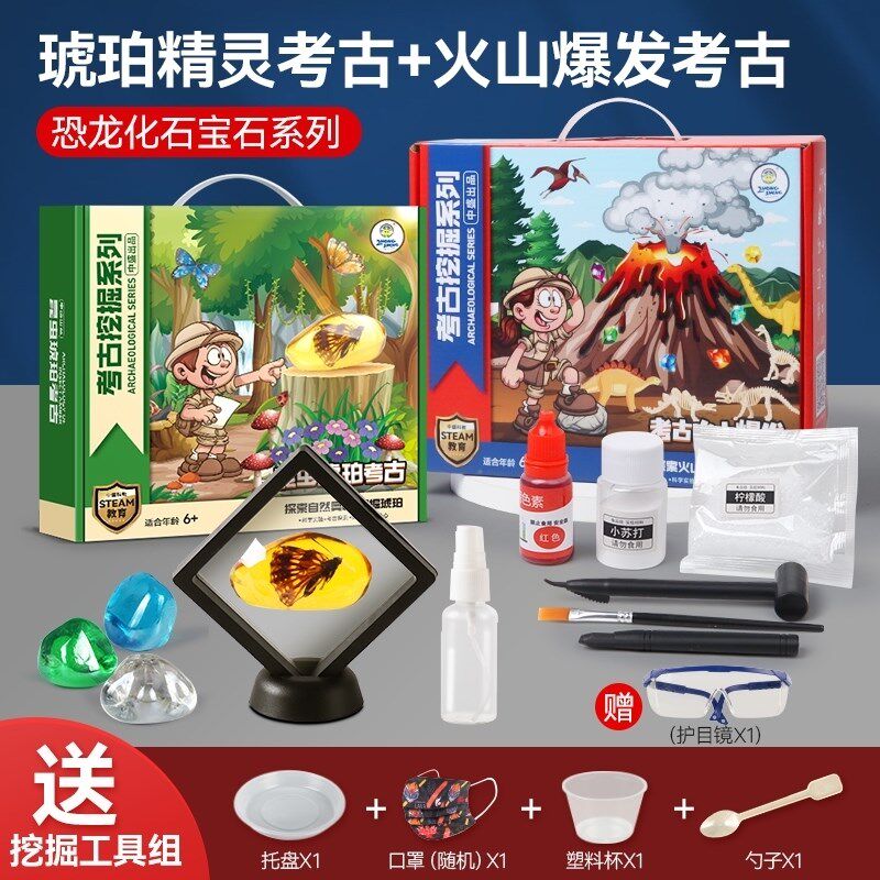 昆虫琥珀考古挖掘观察盒化石手工男孩六一挖宝石蝴蝶标昆虫