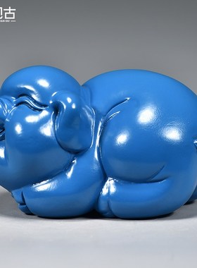 蓝色木质猪实木十二生肖猪动物家居补角吉祥物装饰红木工艺品