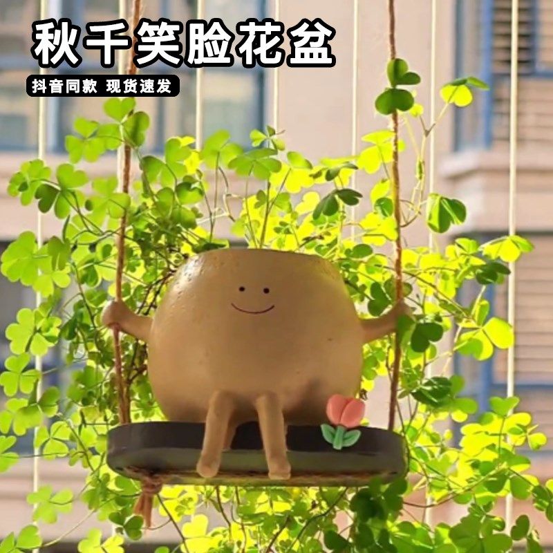 秋千笑脸盆爱悬挂式荡秋千多肉盆家用阳台悬吊装饰,家居饰品,装饰摆件,淘宝优惠券,粉丝福利购,淘宝优惠卷