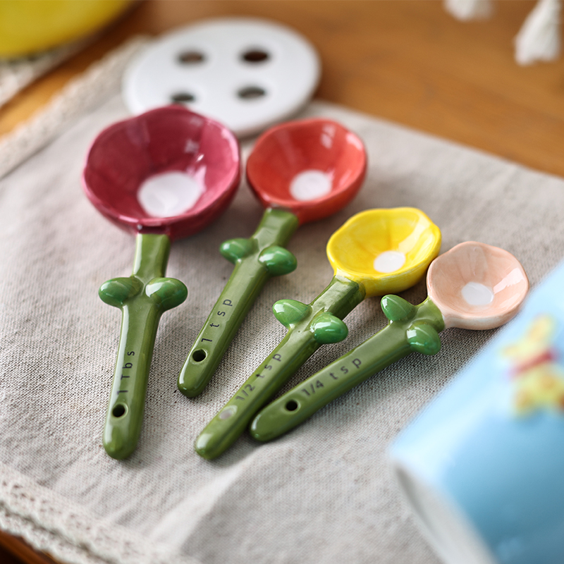 创意可爱小花造型勺子陶瓷耐高温釉下彩花朵奶粉量勺咖啡勺烘焙勺