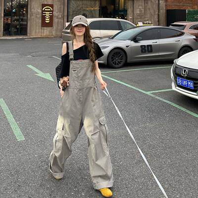 工装抱婴袋裤女夏美式复古新款大口袋宽松灰色设计感小众拖地阔腿