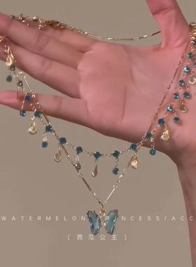 「蓝蝶之恋」蓝色蝴蝶项炼女款2024新款爆款双层叠戴锁骨炼配饰