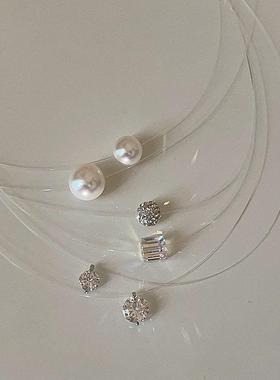 小众极简人鱼之泪隐形鱼线项链女锆石珍珠镭射百搭叠戴颈链锁骨链