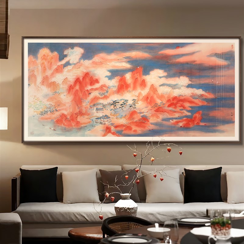 新客厅沙发背景墙大幅挂画酒店别墅鸿运山河艺术装饰画