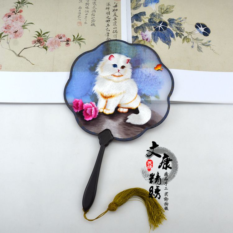 纯手工刺绣宫扇绣扇子面绣成品端礼品中团扇猫咪