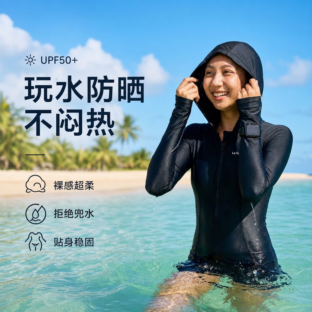 长袖泳衣女款连体平角分体黑色遮肉显瘦连帽防晒冲浪潜水服水母服