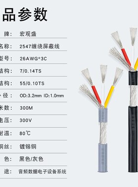 2547屏蔽线 26AWG*3C音频线外径3.2mm灰色0.12平方三芯加地屏蔽线