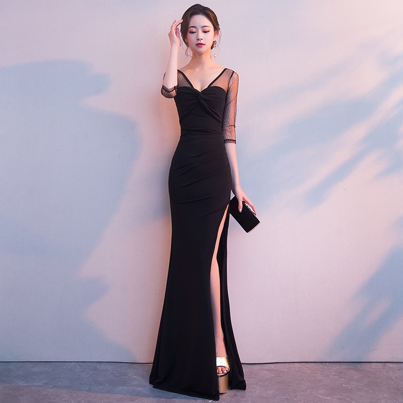 连衣裙2025新款夏季性感低胸显瘦蕾丝鱼尾长裙主持人宴会晚礼服女