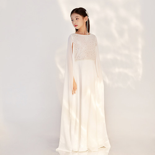 中国风高端儿童古筝演出服白色女童中式礼服钢琴演奏比赛表演服装