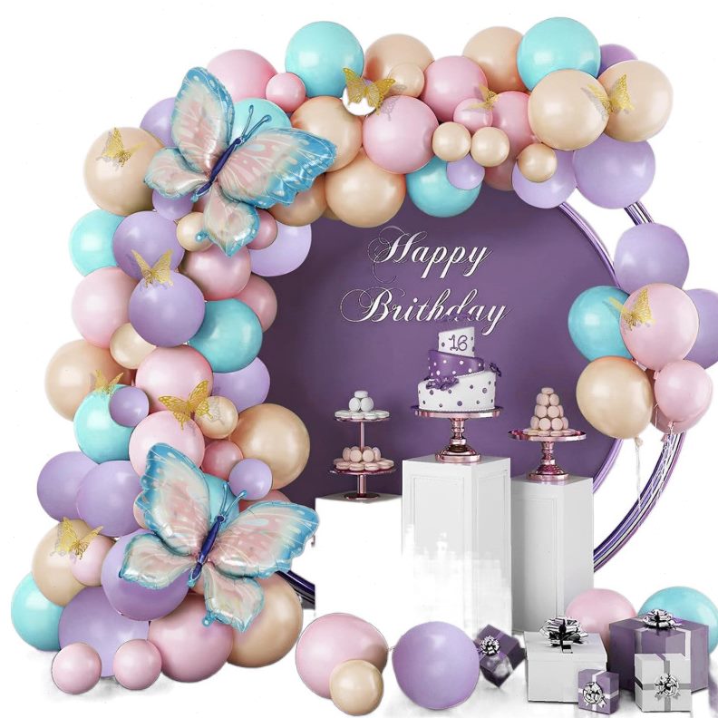 彩色蝴蝶气球花环拱门生日婚礼纪念日装饰冰蓝蝴蝶主题派对装饰