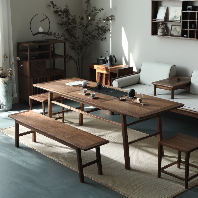 黑胡桃木茶桌椅组合 新中式实木茶台 家用阳台茶盘茶桌一体泡茶台