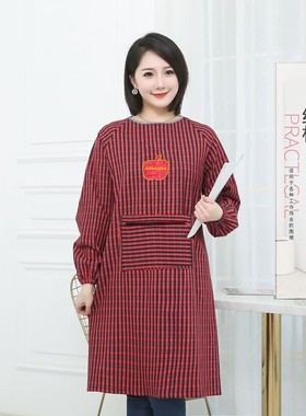 加肥加厚纯棉老粗布长袖围裙拉链兜罩衣家务厨房女时尚工作服加长