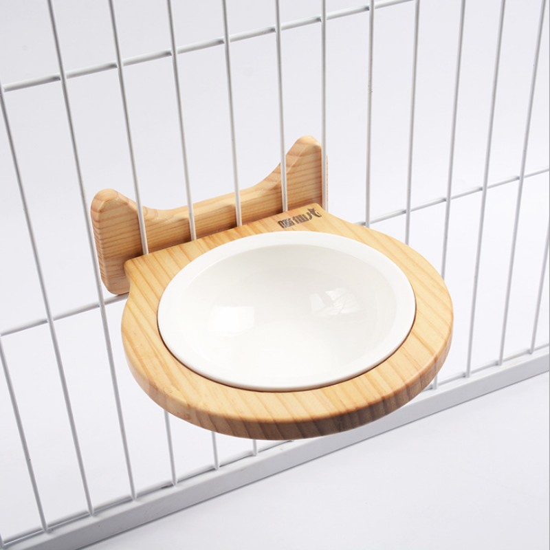 猫碗狗碗笼子挂式碗宠物用品竹制固定悬挂猫狗陶瓷碗实木碗水碗饭
