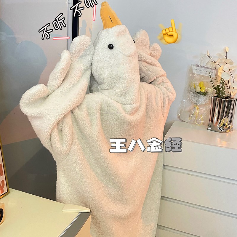 大白鹅法兰绒睡衣睡袍女秋冬季珊瑚绒加绒加厚可爱连体家居服套装