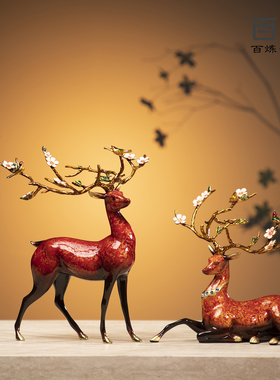 大漆鹿鸣梅韵铜鹿摆件