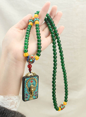 复古国风串珠唐卡吊坠项链女檀木平安牌长款毛衣链文艺民族风