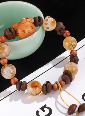 黄塔水晶串珠猫爪手链女文艺甜美檀木KT猫咖啡豆手串首饰批发