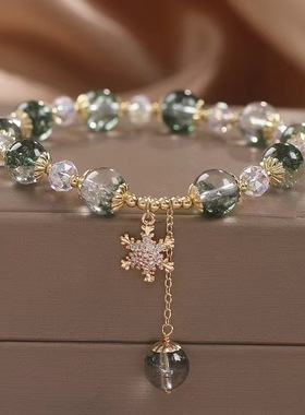 ins小众设计绿幽灵水晶手链女雪花吊坠手串珍珠绿幽灵福牌手环
