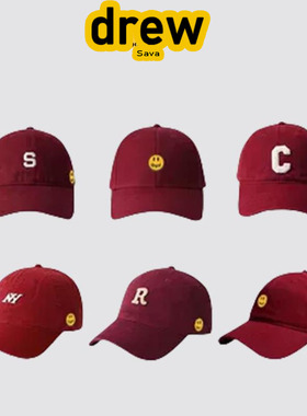 Drew  Sava红色帽子酒红色棒球帽复古刺绣软顶鸭舌帽男女