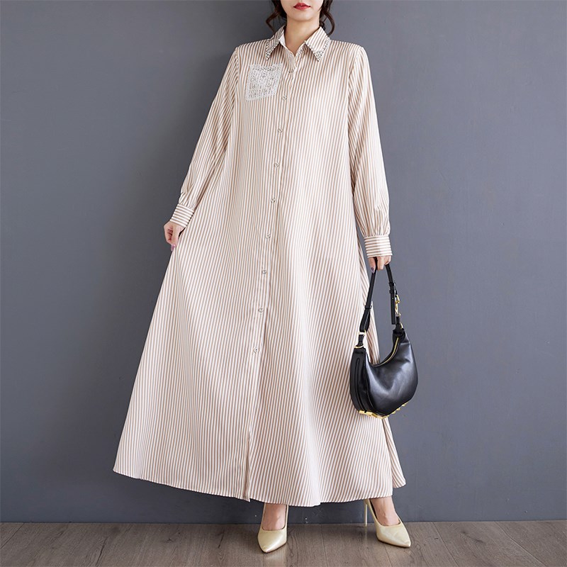 春秋季款宽松时尚文艺工艺镶钻定制中长款气质优雅连衣裙彩虹条纹