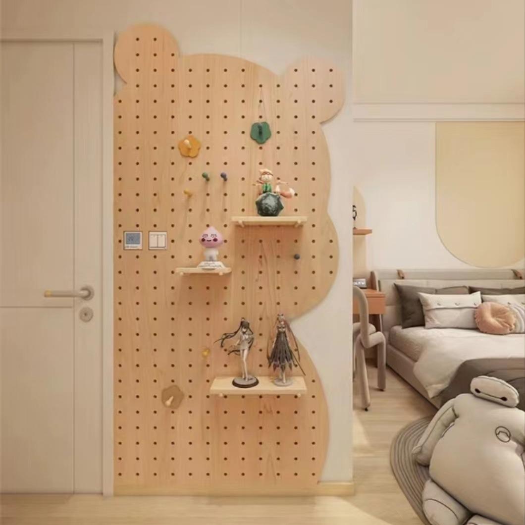 小熊洞洞板玄关置物架木质展示收纳墙面装饰收纳架实木隔板架