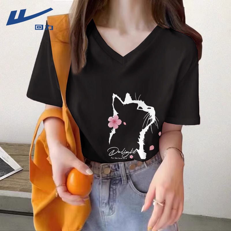 回力v领t恤女短袖夏季2025女装