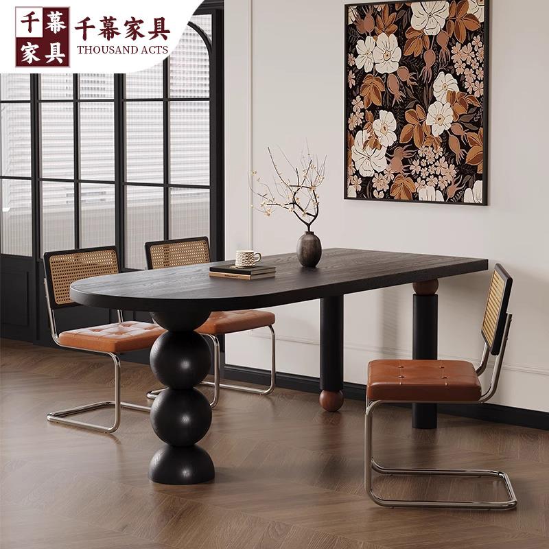 千慕实木餐桌中古风小户型家用饭桌半圆桌子客厅餐桌书桌一体两用