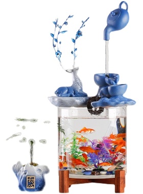 中式循环流水器生财客厅创意摆件办公室小型鱼缸桌面悬壶招财景观