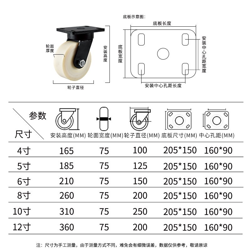 4寸5寸6寸8寸10寸12寸超重型脚轮尼龙万向轮耐磨工业机械设备轮子