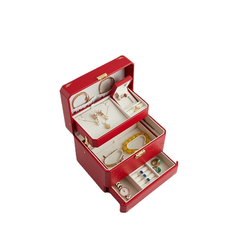 红色便携式首饰收纳箱多功能珠宝首饰箱结婚饰品三金收纳箱收纳盒